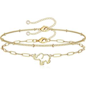 imageDainty Gold Bracelets for Women 14K Gold Filled Adjustable Layered Bracelet Cute Evil Eye Oval Chain Pearl Bar Turtle Gold Bracelets for Women JewelryBeads ChainElephant