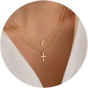 imageTurandoss Cross Necklace for Women Initial Necklaces for Women Bubble Letter Necklace Gold Layered Necklaces for Women Tiny Cross Necklace Dainty 14k Gold Plated Necklaces Gold JewelryP