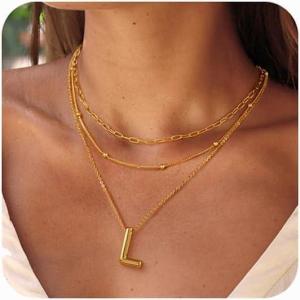 imageTurandoss Gold Bubble Letter Necklace for Women  Personalized Initial Necklaces Individually Stackable Necklaces Dainty Gold Layered Letter Pendant Necklace Gold Jewelry for Women GiftsL