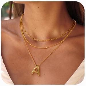 imageTurandoss Gold Bubble Letter Necklace for Women  Personalized Initial Necklaces Individually Stackable Necklaces Dainty Gold Layered Letter Pendant Necklace Gold Jewelry for Women GiftsA