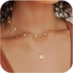 imageTurandoss Layered Gold Pearl Necklaces for Women  Initial Gold Necklaces for Women Dainty Gold Necklace Initial Gold Letter AZ Pendant Necklace Gold Jewelry for Women GiftsGold
