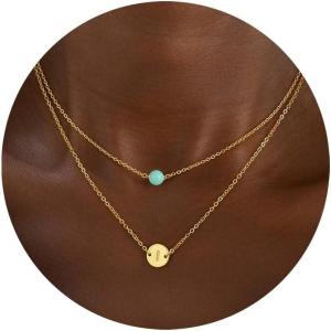 imageTurandoss Layered Initial Necklaces for Women 18K Real Gold Plated Dainty Turquoise Pendant Necklace Tiny Letter AZ Personalized Disc Choker Layered Initial Necklace for Women Jewelry Gifts TrendyI
