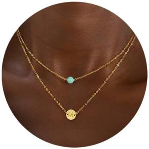 imageTurandoss Layered Initial Necklaces for Women 18K Real Gold Plated Dainty Turquoise Pendant Necklace Tiny Letter AZ Personalized Disc Choker Layered Initial Necklace for Women Jewelry Gifts TrendyM