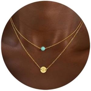 imageTurandoss Layered Initial Necklaces for Women 18K Real Gold Plated Dainty Turquoise Pendant Necklace Tiny Letter AZ Personalized Disc Choker Layered Initial Necklace for Women Jewelry Gifts TrendyS