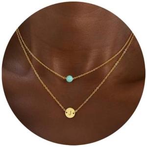 imageTurandoss Layered Initial Necklaces for Women 18K Real Gold Plated Dainty Turquoise Pendant Necklace Tiny Letter AZ Personalized Disc Choker Layered Initial Necklace for Women Jewelry Gifts TrendyJ