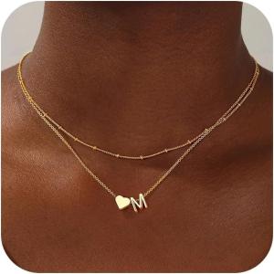 imageTurandoss Layered Initial Necklaces for Women 18K Real Gold Plated Heart Initial AZ Pendant Necklace Personalized Monogram Name Necklace Birthday Gifts Heart Necklace for Women JewelryM