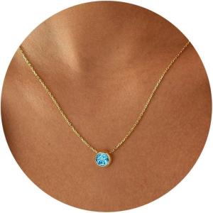 imageTurandoss Birthstone Necklace for Women Dainty 14K Gold Plated Red Blue Green Diamond Emerald Birthstone Necklace 12 Month Birthstone Jewelry Birthday Gifts for Women Teen Girls03MarAquamarine