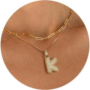 imageTurandoss Bubble Letter Necklace Gold for Women  18K Gold Plated Initial Necklace CZ Bubble Initial Necklaces for Women Gold Layered Bubble Necklace for Women Teen Girls Jewelry Gifts