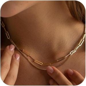imageTurandoss Gold Chain Necklace for Women Trendy  Dainty 14K Real Gold Plated Cuban Necklace Snake Necklace Disc Chain Necklace Gold Multi Layered Paperclip Chain Necklace Gold Jewelry Gifts for WomenLayered PaperclipCuban Chain