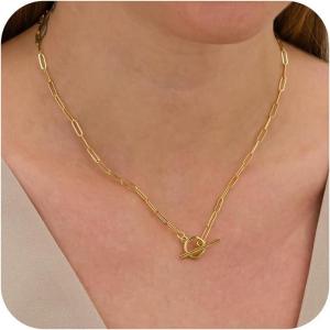 imageTurandoss Gold Chain Necklace for Women Trendy  Dainty 14K Real Gold Plated Cuban Necklace Snake Necklace Disc Chain Necklace Gold Multi Layered Paperclip Chain Necklace Gold Jewelry Gifts for WomenToggle Closure Paperclip Chain