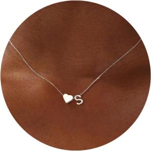 imageTurandoss Gold Heart Initial Necklace for Women 18K Real Gold Plated Heart Initial AZ Necklace Dainty Heart Necklaces Tiny Gold Initial Necklaces Birthday Gifts for Women Girls JewelrySilver