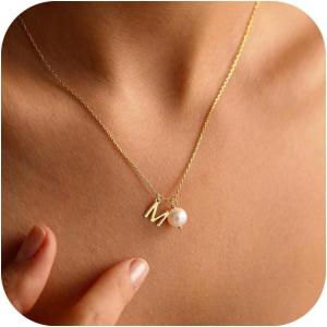 imageTurandoss Gold Pearl Necklace for Women  14K Gold Plated Initial Necklaces for Women with 8MM Shining Pearl Pendant Gold Jewelry for Women Birthday Gifts Wedding Gifts for Bridesmaid Christmas GiftsM