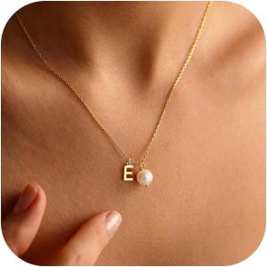 imageTurandoss Gold Pearl Necklace for Women  14K Gold Plated Initial Necklaces for Women with 8MM Shining Pearl Pendant Gold Jewelry for Women Birthday Gifts Wedding Gifts for Bridesmaid Christmas GiftsE
