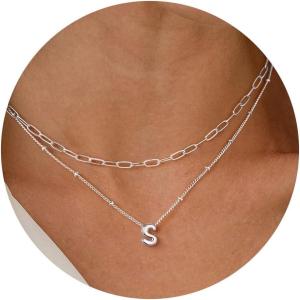 imageTurandoss Personalized Bubble Letter Necklace  Layered Gold Initial Tiny Small Pendent Necklaces for Women Dainty Gold Initial Choker Paperclip Chain Necklace Gold Jewelry for Women GiftsSilver