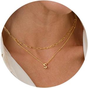 imageTurandoss Personalized Bubble Letter Necklace  Layered Gold Initial Tiny Small Pendent Necklaces for Women Dainty Gold Initial Choker Paperclip Chain Necklace Gold Jewelry for Women GiftsGold