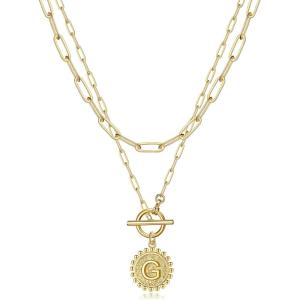 imageGold Layered Initial Necklaces for Women 14K Gold Plated Dainty Layering Paperclip Link Chain Necklace Personalized Toggle Clasp Coin Initial Pendant Layered Necklaces for Women Gold JewelryG