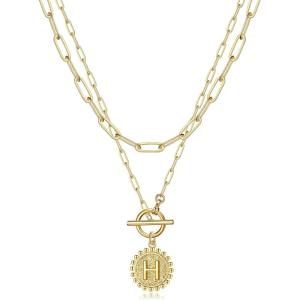 imageGold Layered Initial Necklaces for Women 14K Gold Plated Dainty Layering Paperclip Link Chain Necklace Personalized Toggle Clasp Coin Initial Pendant Layered Necklaces for Women Gold JewelryH