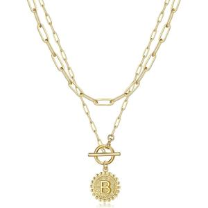 imageGold Layered Initial Necklaces for Women 14K Gold Plated Dainty Layering Paperclip Link Chain Necklace Personalized Toggle Clasp Coin Initial Pendant Layered Necklaces for Women Gold JewelryB