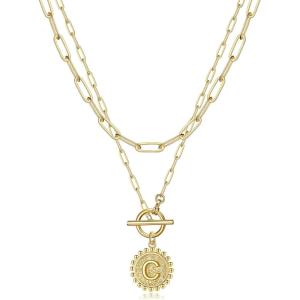 imageGold Layered Initial Necklaces for Women 14K Gold Plated Dainty Layering Paperclip Link Chain Necklace Personalized Toggle Clasp Coin Initial Pendant Layered Necklaces for Women Gold JewelryC