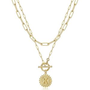 imageGold Layered Initial Necklaces for Women 14K Gold Plated Dainty Layering Paperclip Link Chain Necklace Personalized Toggle Clasp Coin Initial Pendant Layered Necklaces for Women Gold JewelryK