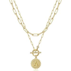 imageGold Layered Initial Necklaces for Women 14K Gold Plated Dainty Layering Paperclip Link Chain Necklace Personalized Toggle Clasp Coin Initial Pendant Layered Necklaces for Women Gold JewelryA