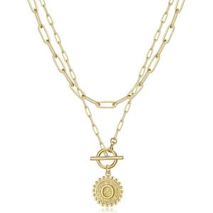 imageGold Layered Initial Necklaces for Women 14K Gold Plated Dainty Layering Paperclip Link Chain Necklace Personalized Toggle Clasp Coin Initial Pendant Layered Necklaces for Women Gold JewelryO