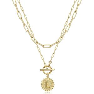 imageGold Layered Initial Necklaces for Women 14K Gold Plated Dainty Layering Paperclip Link Chain Necklace Personalized Toggle Clasp Coin Initial Pendant Layered Necklaces for Women Gold JewelryL