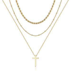 imageTurandoss Dainty Layered Choker Necklace Handmade 14K Gold Plated Y Pendant Necklace Multilayer Bar Disc Necklace Adjustable Layering Choker Necklaces for Women3PCS  Twist chainBeads ChainCross