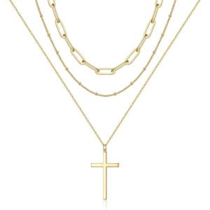 imageTurandoss Dainty Layered Choker Necklace Handmade 14K Gold Plated Y Pendant Necklace Multilayer Bar Disc Necklace Adjustable Layering Choker Necklaces for Women3PCS  Link ChainBeads ChainCross