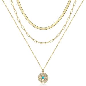 imageTurandoss Dainty Layered Choker Necklace Handmade 14K Gold Plated Y Pendant Necklace Multilayer Bar Disc Necklace Adjustable Layering Choker Necklaces for Women3PCS  Snake ChainLink ChainEvil Eye