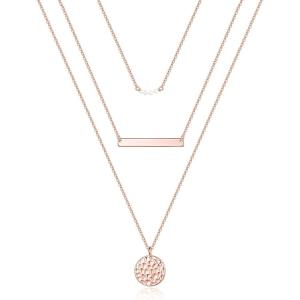 imageTurandoss Dainty Layered Choker Necklace Handmade 14K Gold Plated Y Pendant Necklace Multilayer Bar Disc Necklace Adjustable Layering Choker Necklaces for Women3PCS Rose Gold  PearlsBarHammered Disc