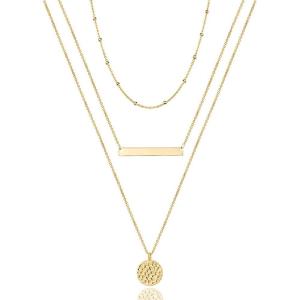 imageTurandoss Dainty Layered Choker Necklace Handmade 14K Gold Plated Y Pendant Necklace Multilayer Bar Disc Necklace Adjustable Layering Choker Necklaces for Women3PCS  ChainBarHammered Disc
