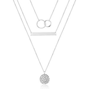 imageTurandoss Dainty Layered Choker Necklace Handmade 14K Gold Plated Y Pendant Necklace Multilayer Bar Disc Necklace Adjustable Layering Choker Necklaces for Women3PCS Silver  Two CirclesBarHammered Disc