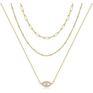 imageTurandoss Dainty Layered Choker Necklace Handmade 14K Gold Plated Y Pendant Necklace Multilayer Bar Disc Necklace Adjustable Layering Choker Necklaces for Women3PCS  Link ChainBeads ChainCZ Evil Eye