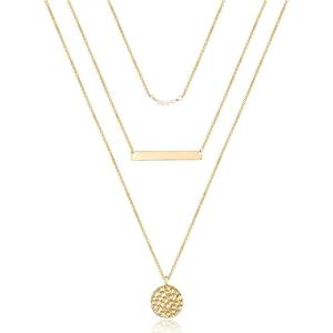 imageTurandoss Dainty Layered Choker Necklace Handmade 14K Gold Plated Y Pendant Necklace Multilayer Bar Disc Necklace Adjustable Layering Choker Necklaces for Women3PCS  PearlsBarHammered Disc