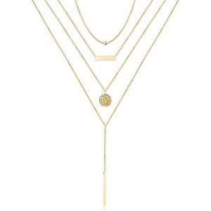 imageTurandoss Dainty Layered Choker Necklace Handmade 14K Gold Plated Y Pendant Necklace Multilayer Bar Disc Necklace Adjustable Layering Choker Necklaces for Women4PCS  BeadBarHammered DiscRod