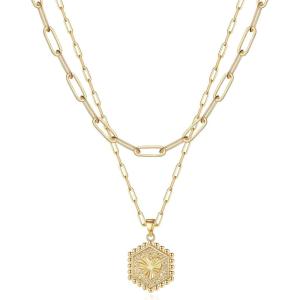 imageTurandoss Dainty Layered Choker Necklace Handmade 14K Gold Plated Y Pendant Necklace Multilayer Bar Disc Necklace Adjustable Layering Choker Necklaces for Women2PCS  A  Papercilp ChainHexagon