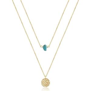 imageTurandoss Dainty Layered Choker Necklace Handmade 14K Gold Plated Y Pendant Necklace Multilayer Bar Disc Necklace Adjustable Layering Choker Necklaces for Women2PCS  Blue TurquoiseHammered Disc