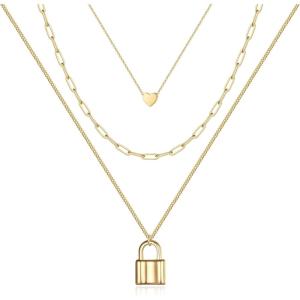 imageTurandoss Dainty Layered Choker Necklace Handmade 14K Gold Plated Y Pendant Necklace Multilayer Bar Disc Necklace Adjustable Layering Choker Necklaces for Women3PCS  HeartLink ChainLock