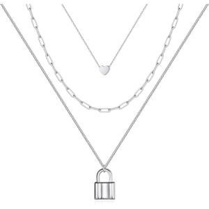 imageTurandoss Dainty Layered Choker Necklace Handmade 14K Gold Plated Y Pendant Necklace Multilayer Bar Disc Necklace Adjustable Layering Choker Necklaces for Women3PCS  HeartLink ChainLockSilver