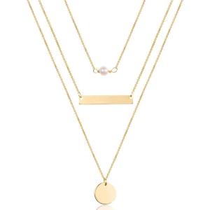 imageTurandoss Dainty Layered Choker Necklace Handmade 14K Gold Plated Y Pendant Necklace Multilayer Bar Disc Necklace Adjustable Layering Choker Necklaces for Women3PCS  PearlBarDisc