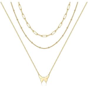 imageTurandoss Dainty Layered Choker Necklace Handmade 14K Gold Plated Y Pendant Necklace Multilayer Bar Disc Necklace Adjustable Layering Choker Necklaces for Women3PCS  Link ChainBeads ChainButterfly