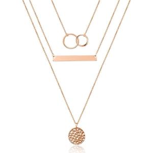 imageTurandoss Dainty Layered Choker Necklace Handmade 14K Gold Plated Y Pendant Necklace Multilayer Bar Disc Necklace Adjustable Layering Choker Necklaces for Women3PCS Rose Gold  Two CirclesBarHammered Disc