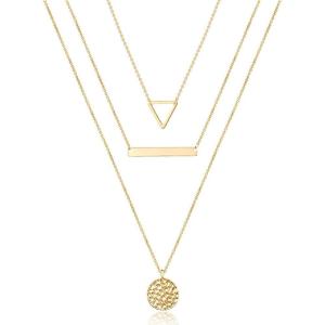 imageTurandoss Dainty Layered Choker Necklace Handmade 14K Gold Plated Y Pendant Necklace Multilayer Bar Disc Necklace Adjustable Layering Choker Necklaces for Women3PCS  TriangleBarHammered Disc