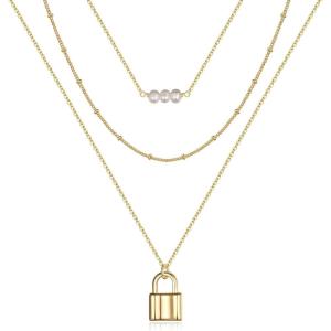 imageTurandoss Dainty Layered Choker Necklace Handmade 14K Gold Plated Y Pendant Necklace Multilayer Bar Disc Necklace Adjustable Layering Choker Necklaces for Women3PCS  PearlsBeads ChainLock