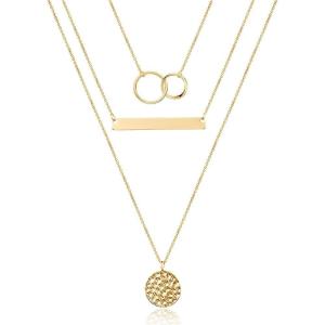imageTurandoss Dainty Layered Choker Necklace Handmade 14K Gold Plated Y Pendant Necklace Multilayer Bar Disc Necklace Adjustable Layering Choker Necklaces for Women3PCS  Two CirclesBarHammered Disc
