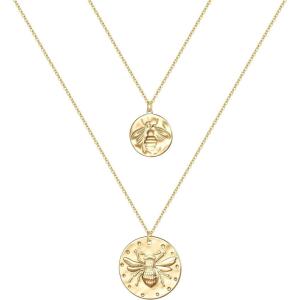 imageTurandoss Gold Layered Necklaces for Women  14K Gold Plated Handmade Multilayer Bar Pearls Coin Disc Moon Butterfly Medallion Adjustable Dainty Layered Choker Necklaces for Women Jewelry2PCS  Small BeeBig Bee