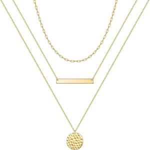 imageTurandoss Gold Layered Necklaces for Women  14K Gold Plated Handmade Multilayer Bar Pearls Coin Disc Moon Butterfly Medallion Adjustable Dainty Layered Choker Necklaces for Women Jewelry3PCS  Link ChainBarHammered Disc