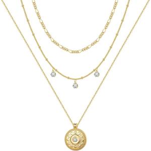 imageTurandoss Gold Layered Necklaces for Women  14K Gold Plated Handmade Multilayer Bar Pearls Coin Disc Moon Butterfly Medallion Adjustable Dainty Layered Choker Necklaces for Women Jewelry3PCS  FigaroCZMedallion