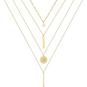 imageTurandoss Gold Layered Necklaces for Women  14K Gold Plated Handmade Multilayer Bar Pearls Coin Disc Moon Butterfly Medallion Adjustable Dainty Layered Choker Necklaces for Women Jewelry4PCS  StarBarSunBar